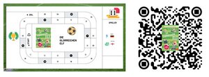 Spielfeld und QR-Code digitales Würfel- und Bewegungsspiel zum Buch „Die glorreichen Elf"