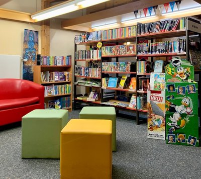 Würfelhocker stehen vor einem Bücherregal