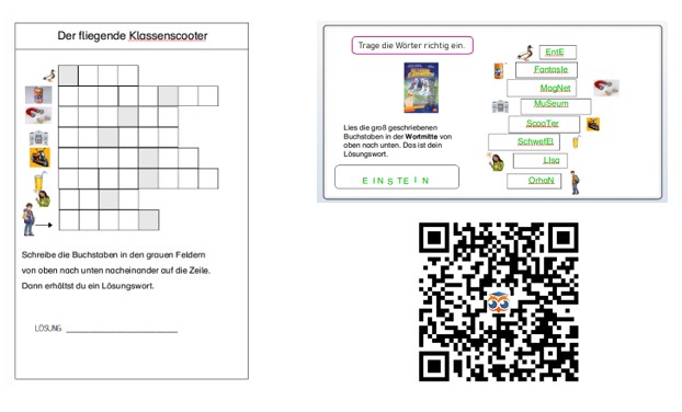 Beispiele für Aufgaben in Thinglink und ein weiterführender QR-Code.