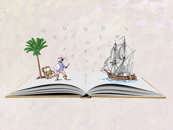 ein aufgeschlagenes Buch zeigt ein Piratenabenteuer